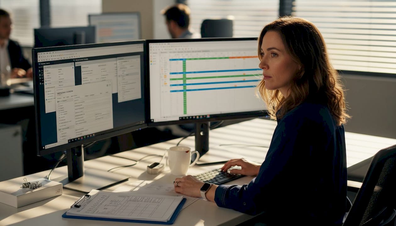 Manager organizing fragmented office data on monitors