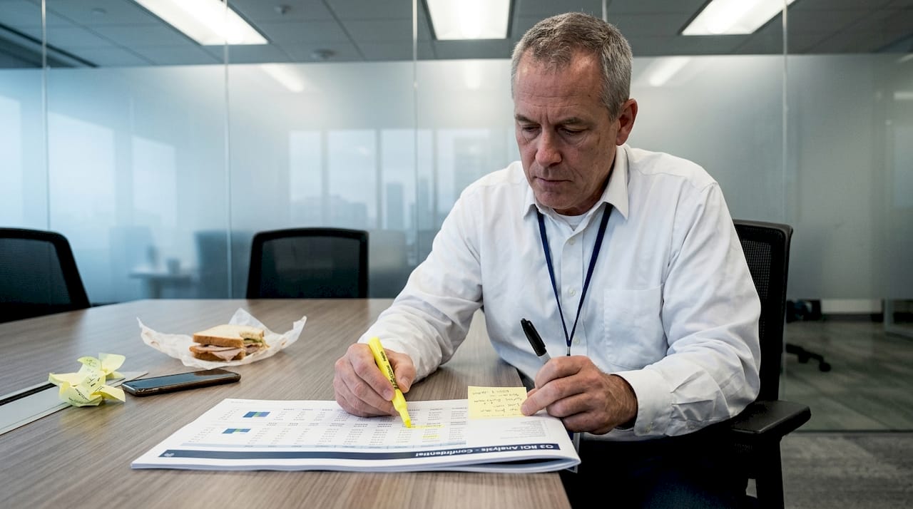Manager reviewing ROI report alone