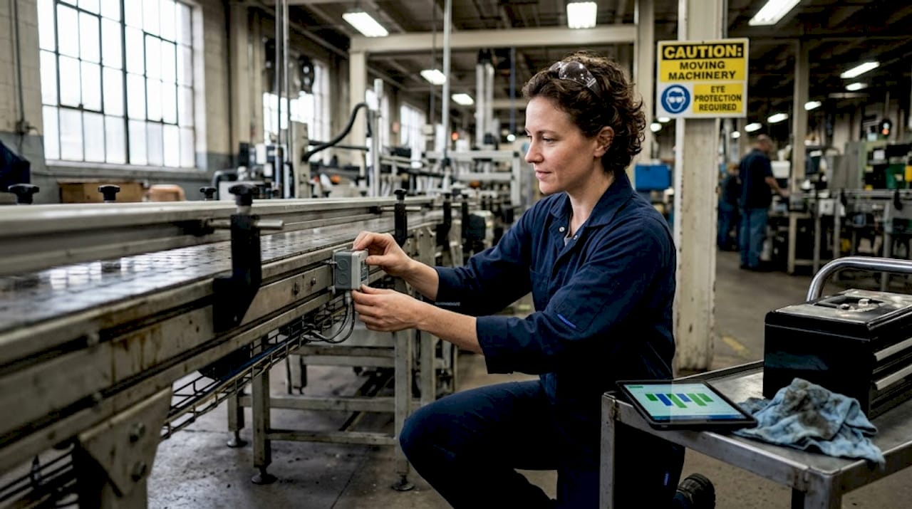 Technician inspecting IoT sensor on conveyor line
