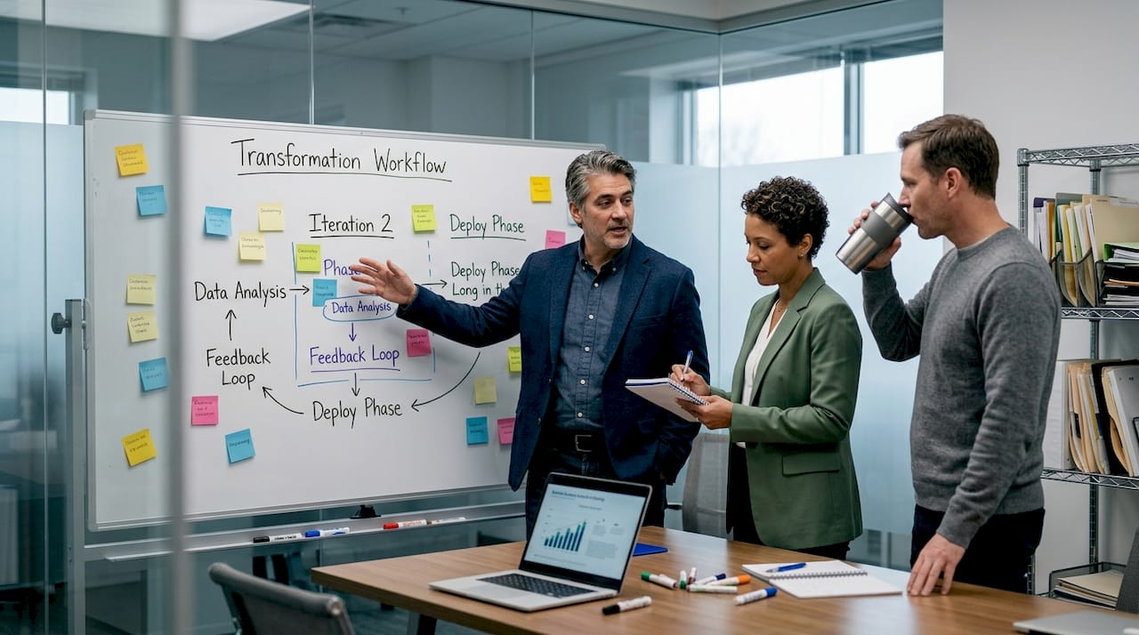 Managers discuss phased implementation workflow