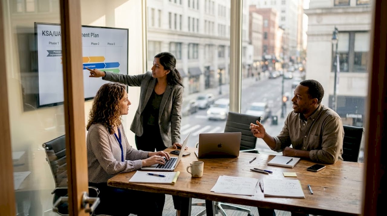 Team discussing workflow software options