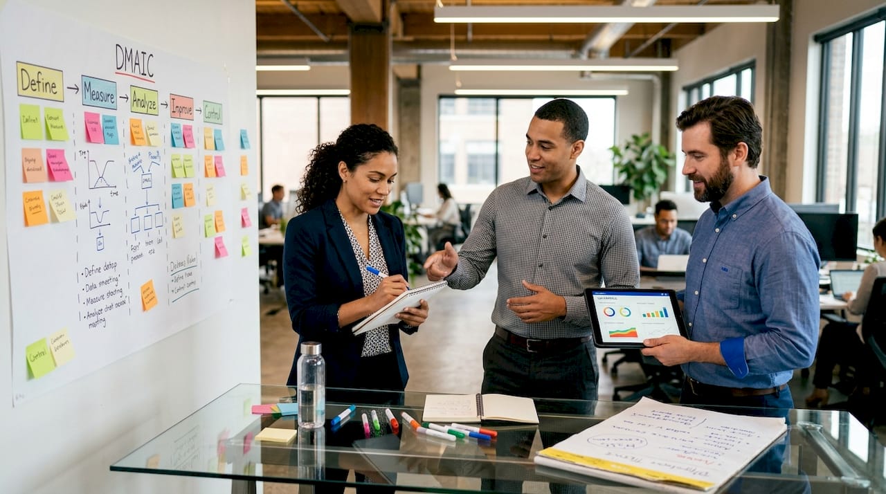 Team mapping business processes on wall