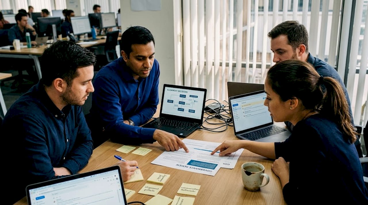 Team discussing governance and alignment reports