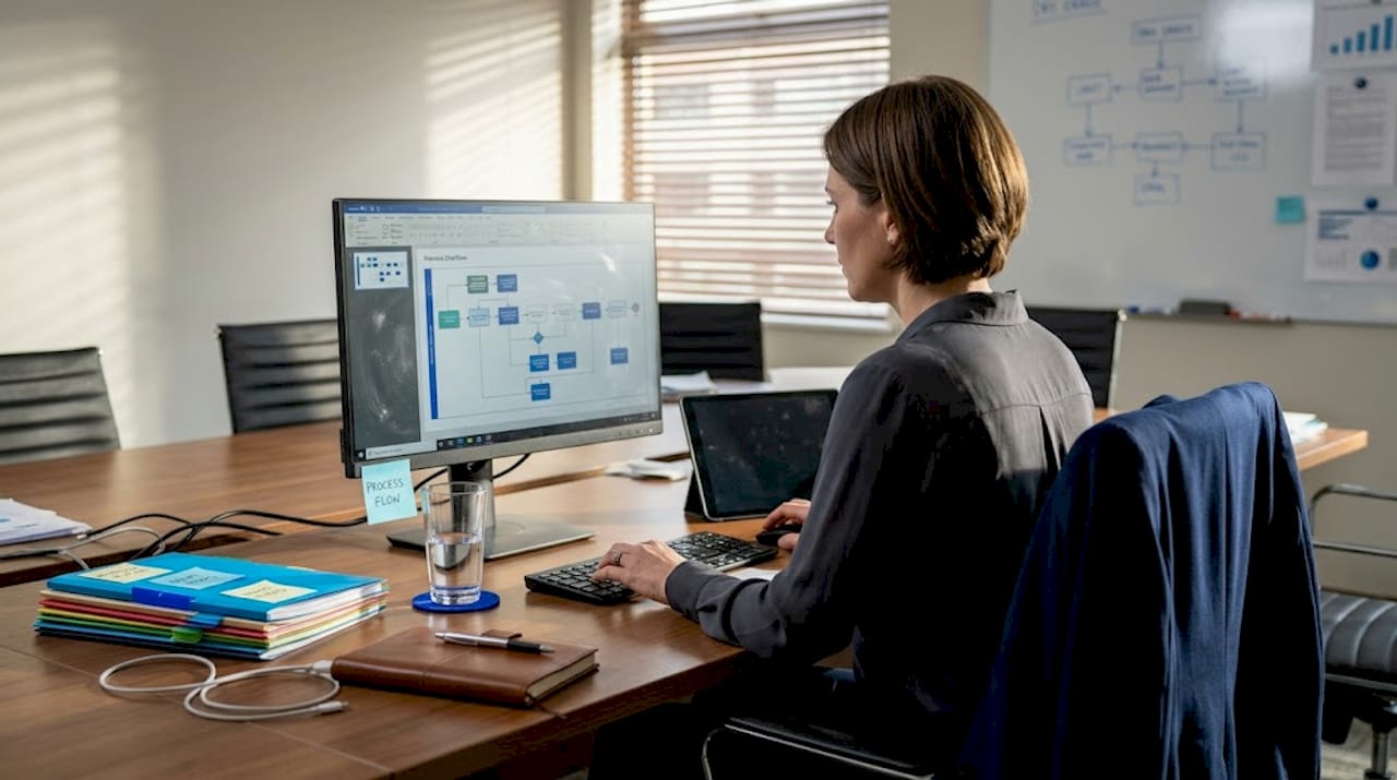 Consultant working on technology adoption workflow