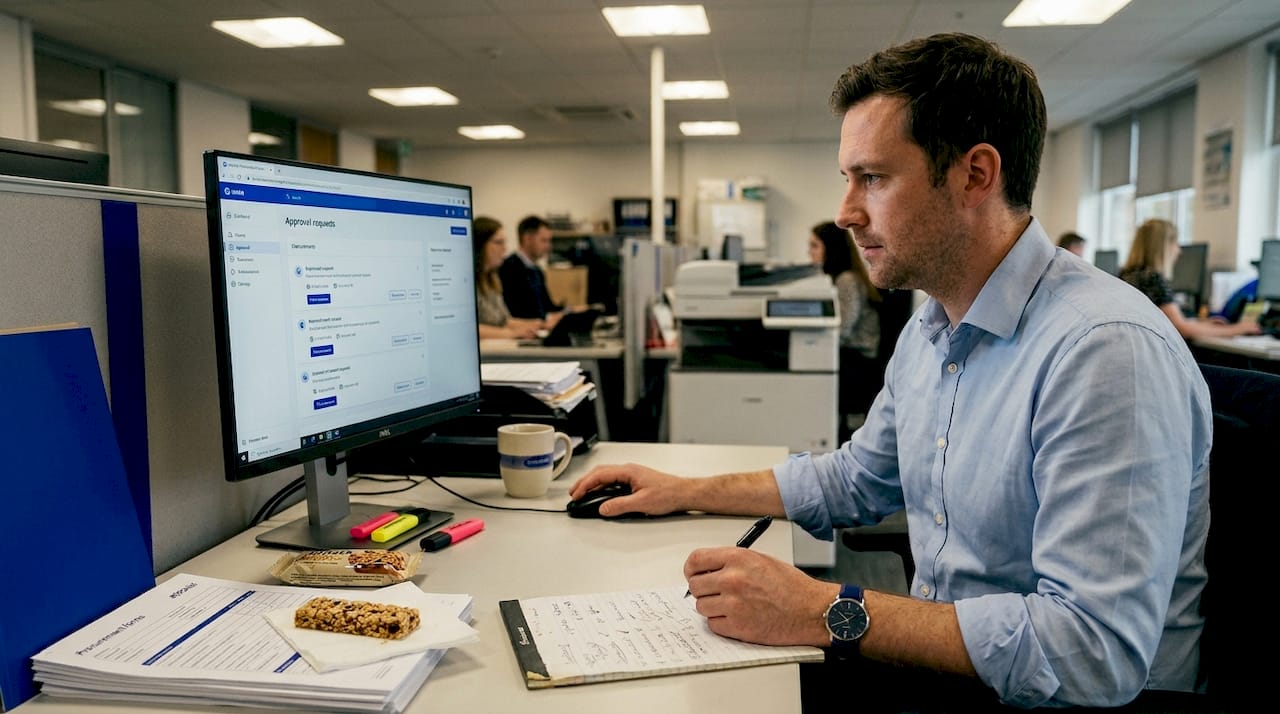 Employee streamlining approvals at busy desk