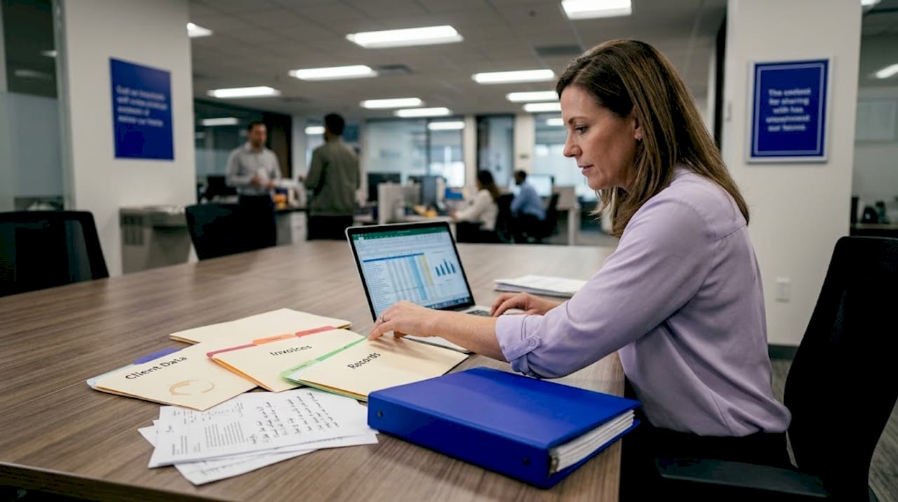 Professional organizing client data folders at desk