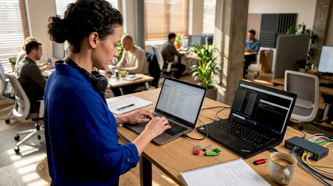 IT specialist connecting two laptops