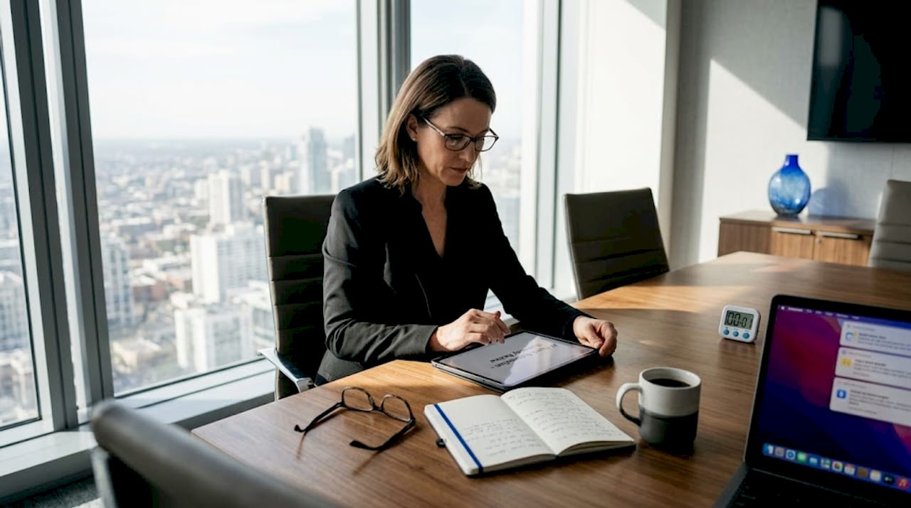 Executive reviewing AI agent workflow notes