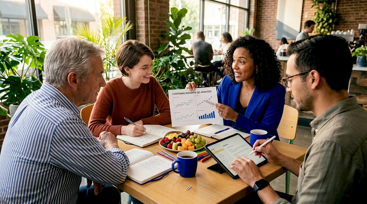 Business team discusses customer data insights