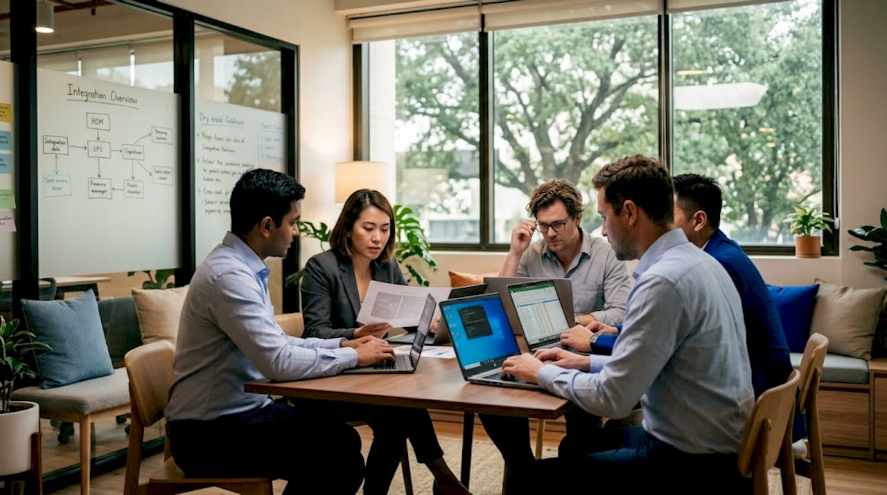 Cross-functional ERP team collaborating in office