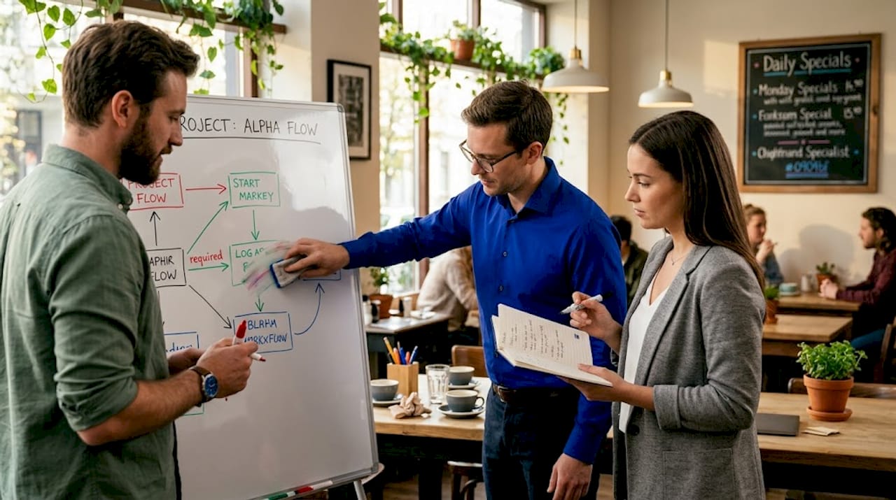 Team mapping workflow on whiteboard