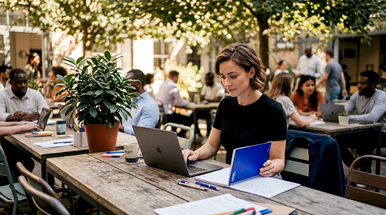 Civil servant using laptop in shared workspace