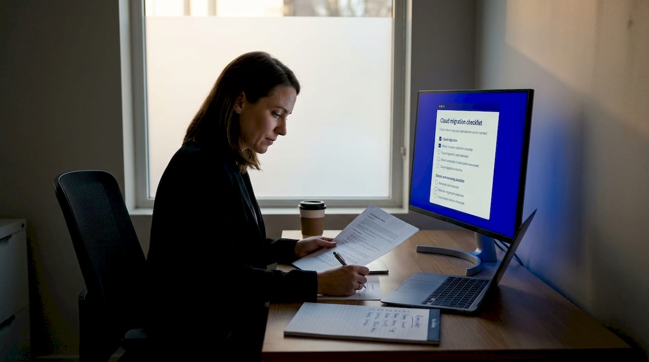 Compliance officer reviews migration checklist