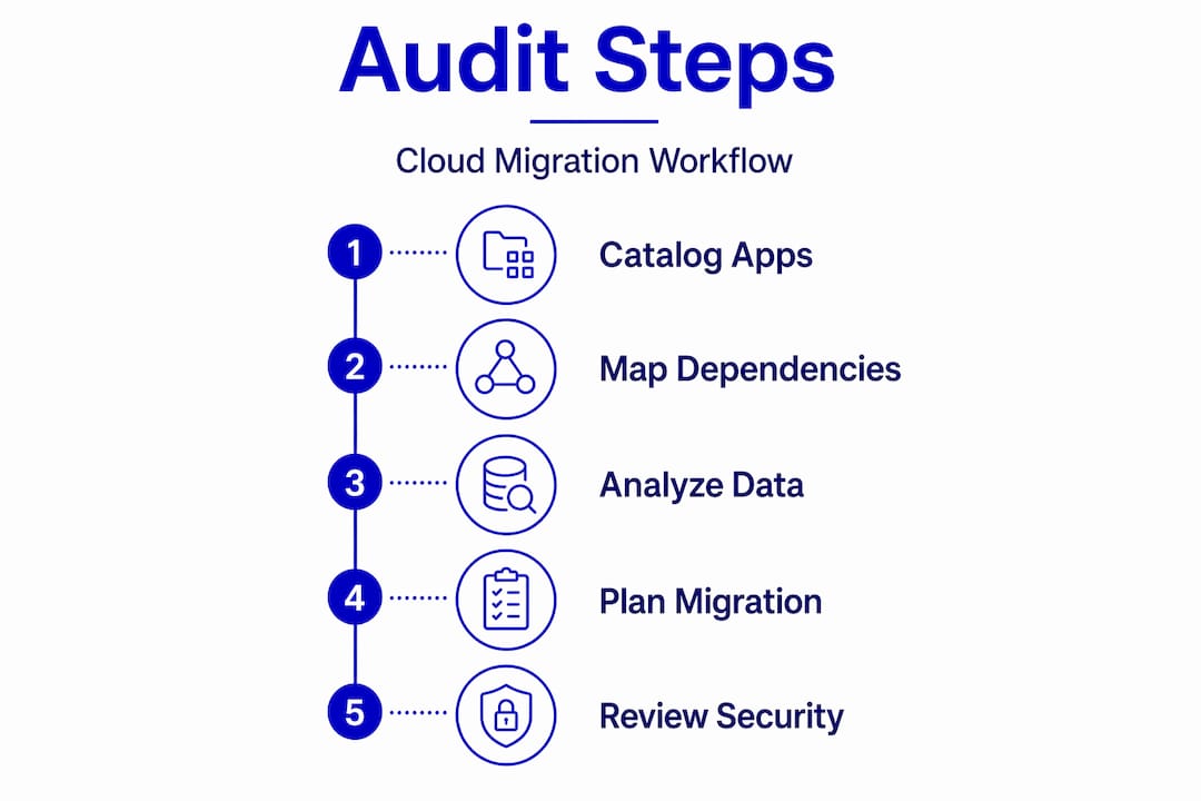 Infographic showing cloud migration audit workflow steps
