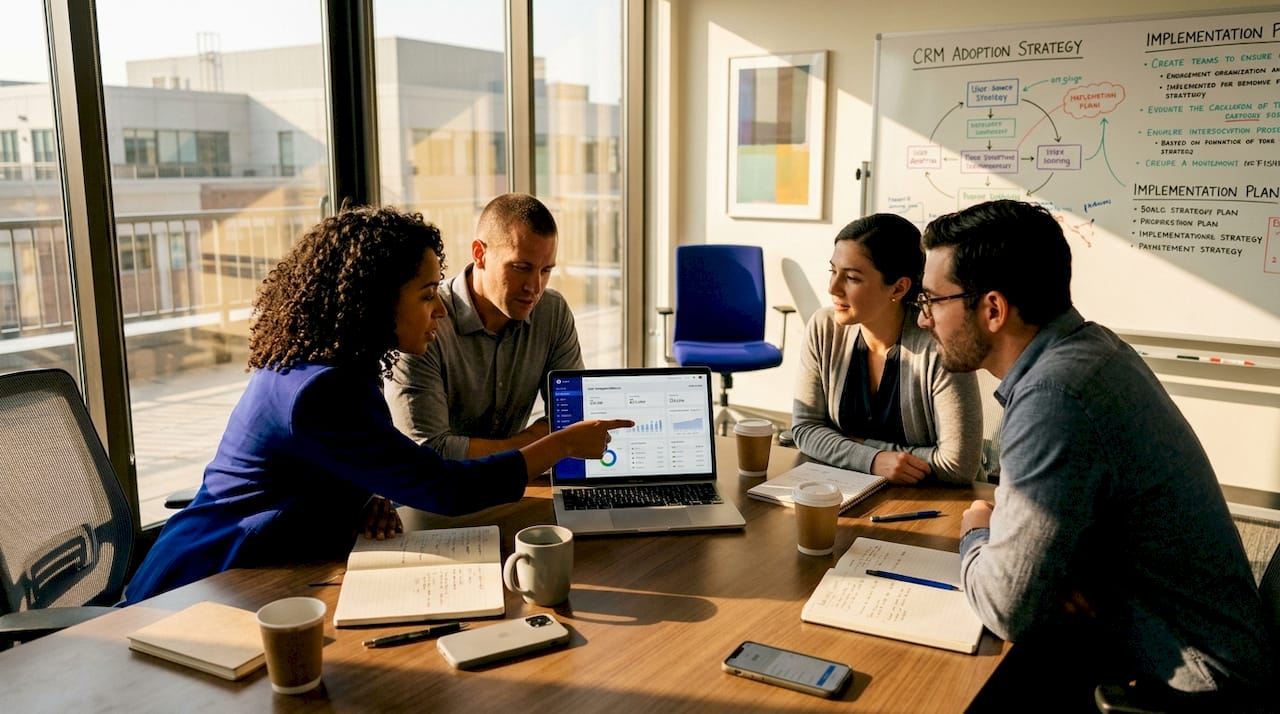 Team collaborating on CRM adoption in meeting room