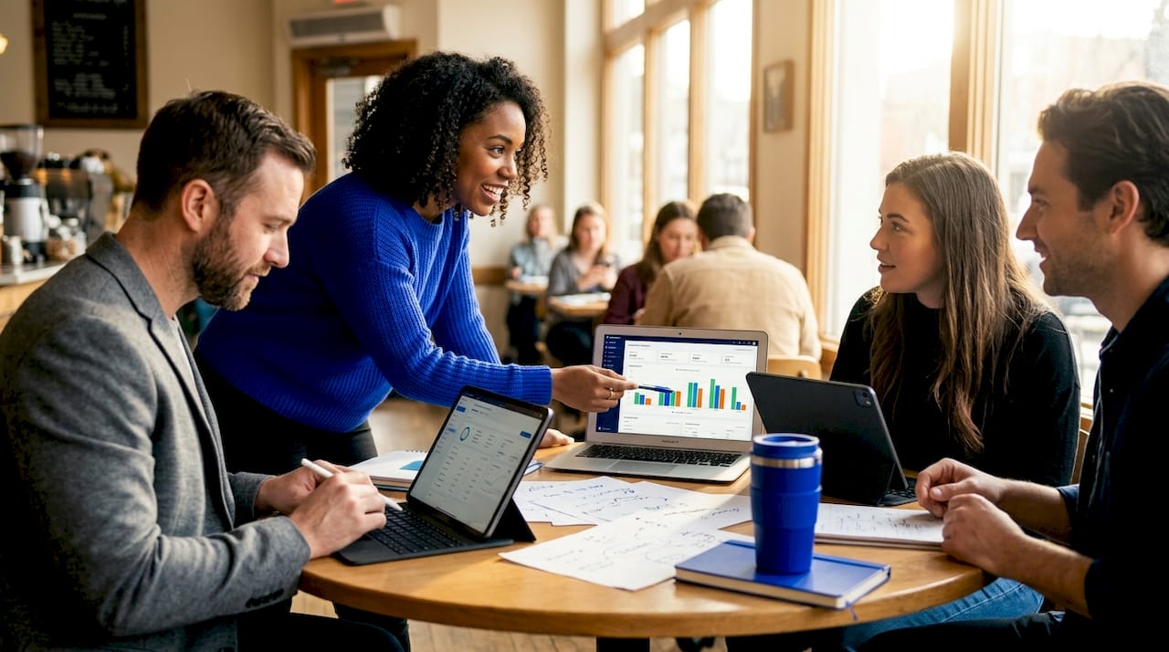 Business team collaborating on integration software