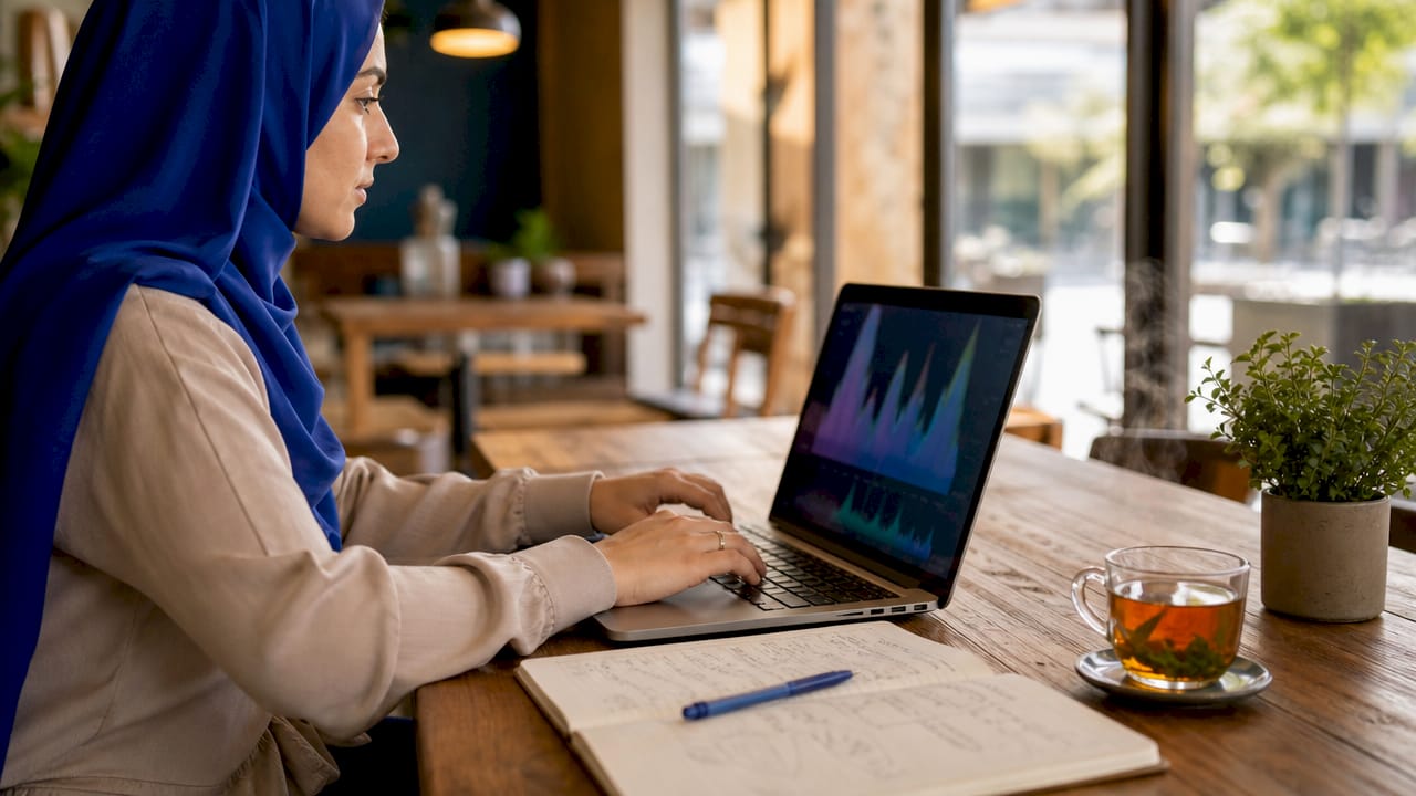 Hands typing on laptop keyboard at home office