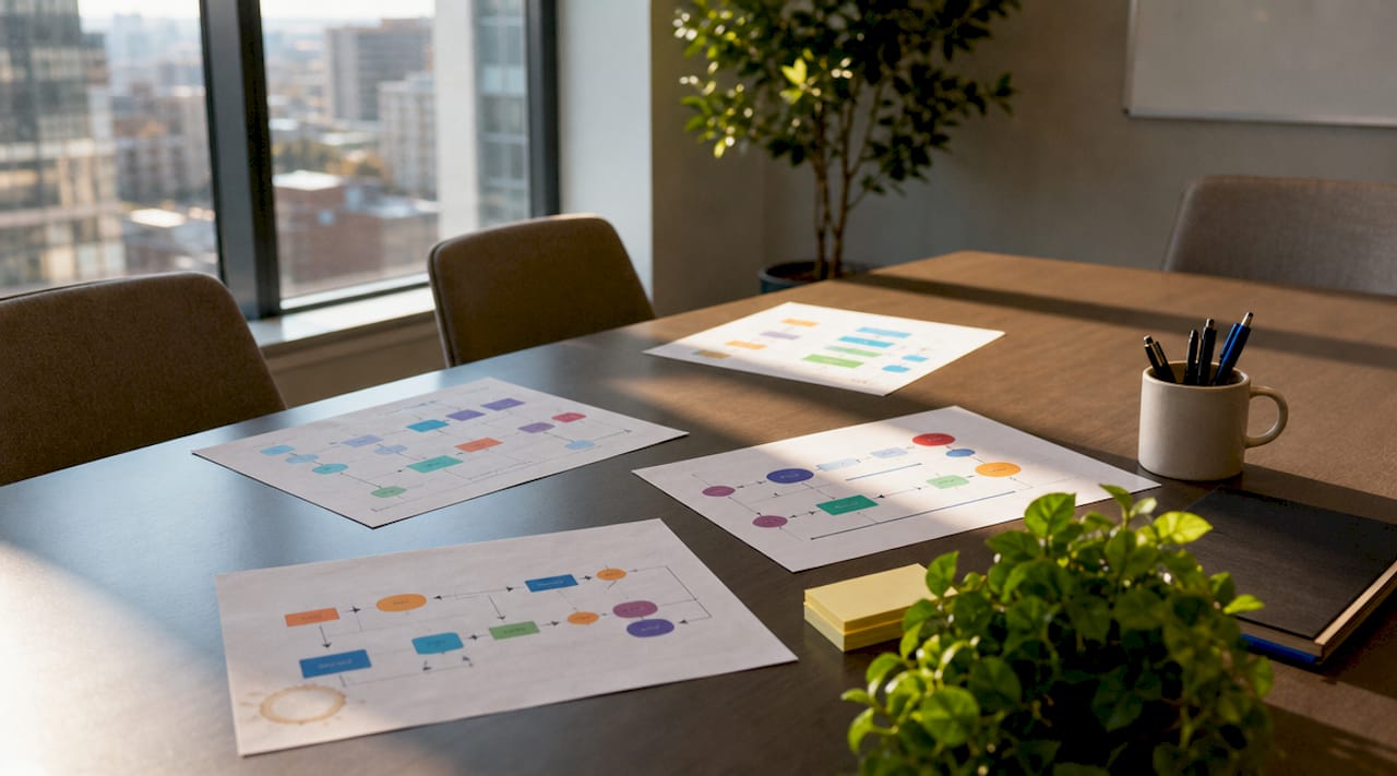 Overhead view of sequential workflow diagrams on table