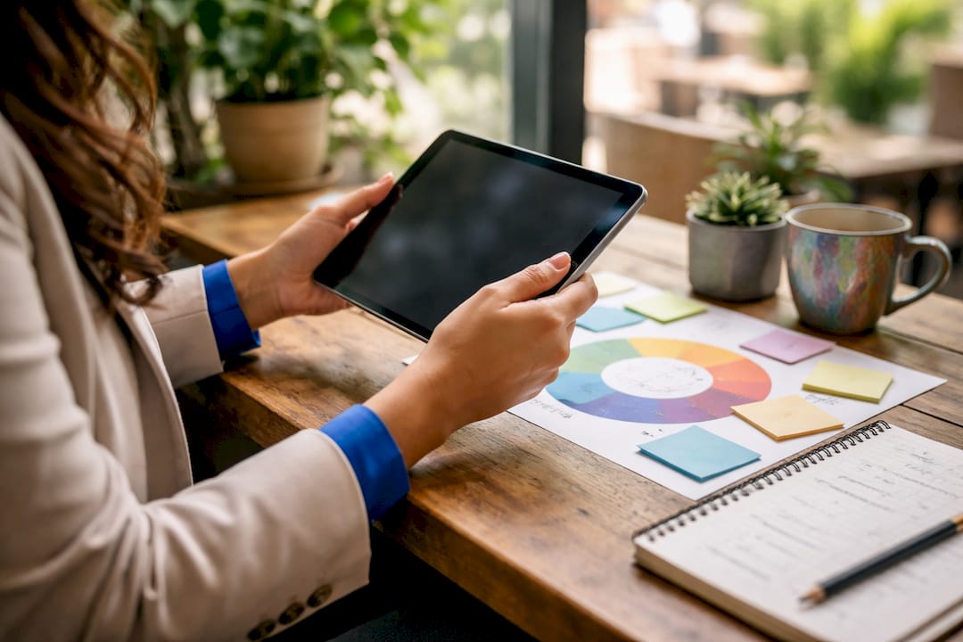 Hands using tablet and papers on customer lifecycle stages