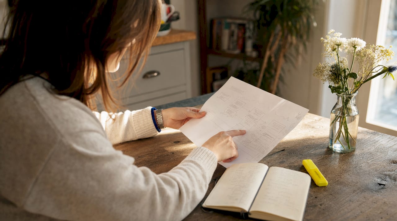 Close-up of hands reviewing process document on desk