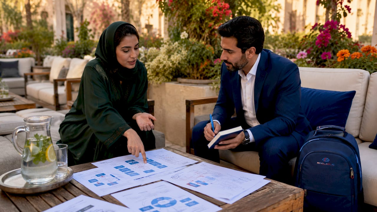 Professionals discussing modular ERP diagrams