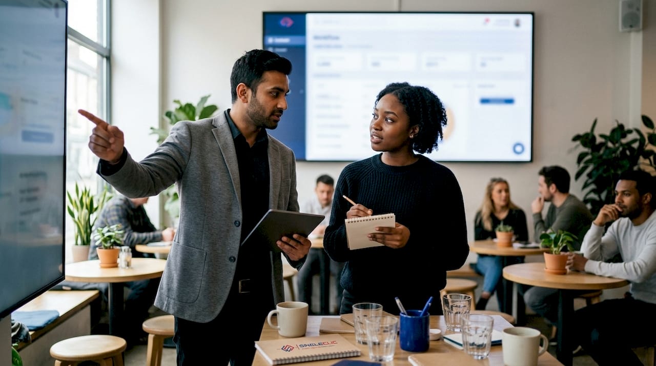 Two professionals examining workflow analytics display