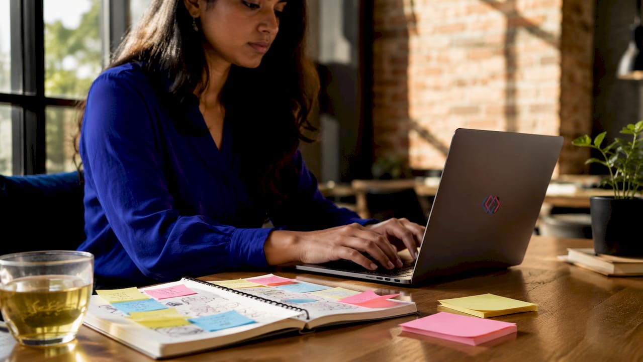 Engineer typing with API lifecycle diagrams on desk