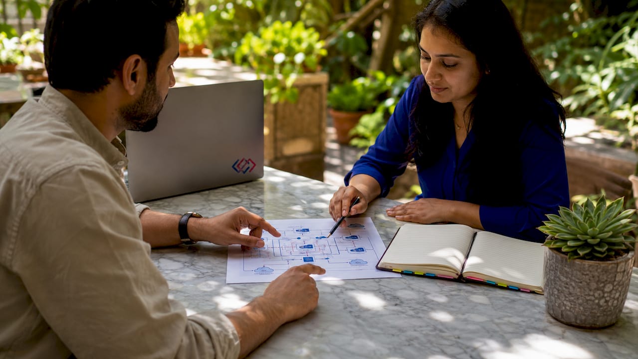 Hands discussing cloud-native CRM architecture diagram