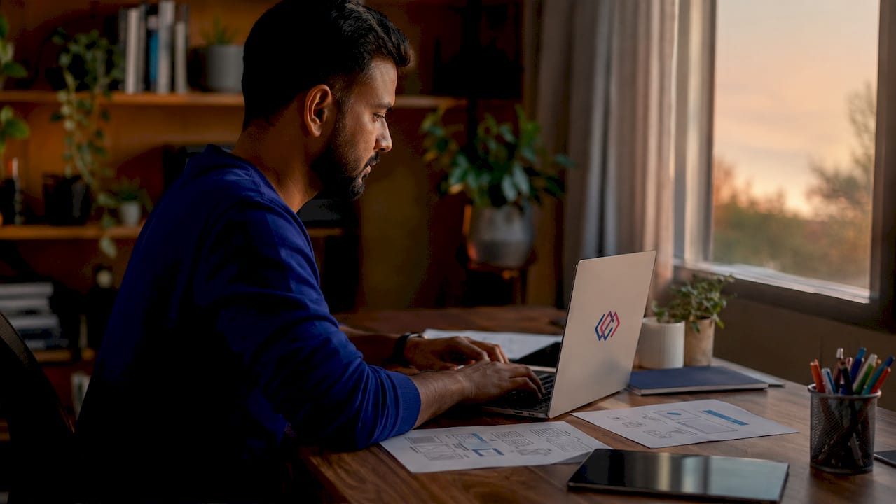 Overhead view of hands building Power BI reports