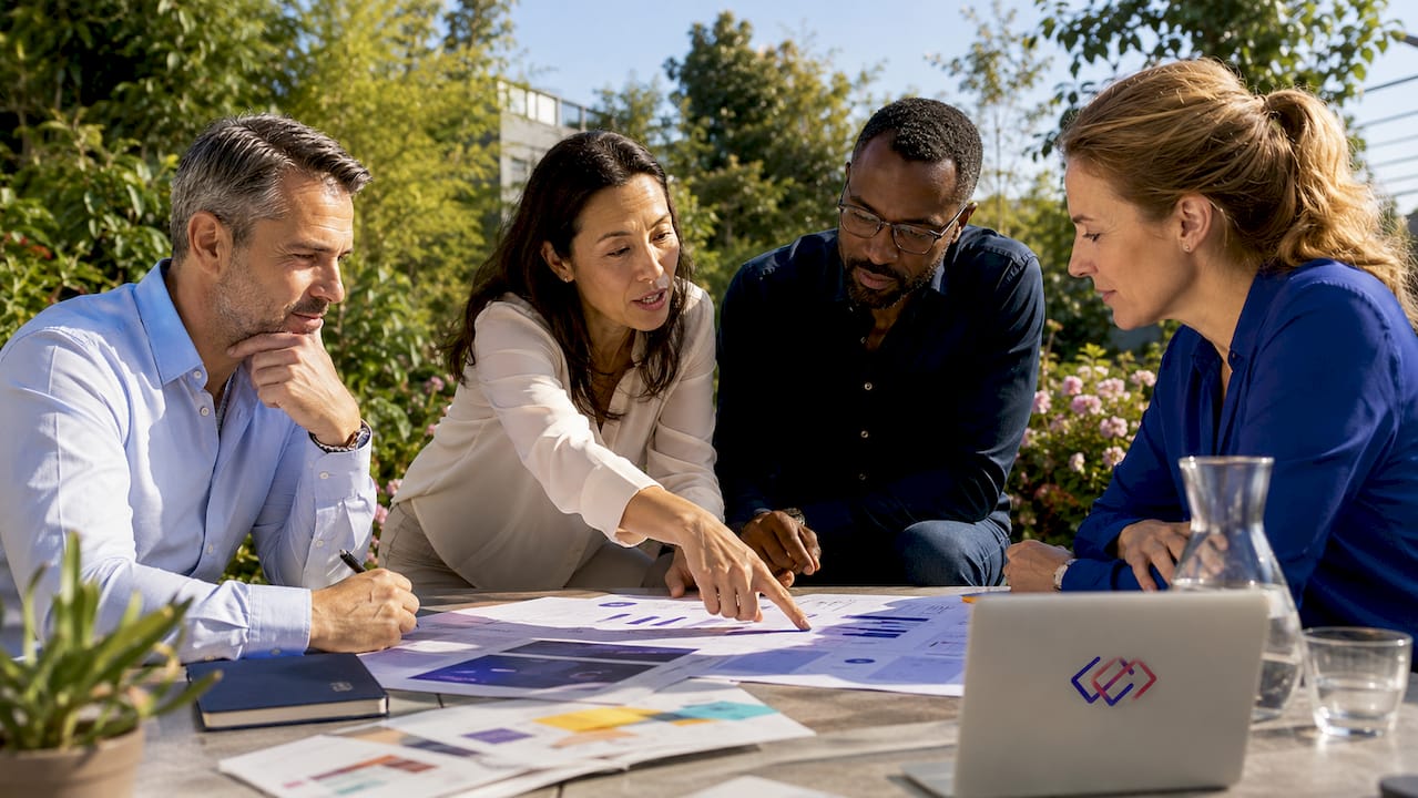 Executives discussing AI transformation roadmap in boardroom