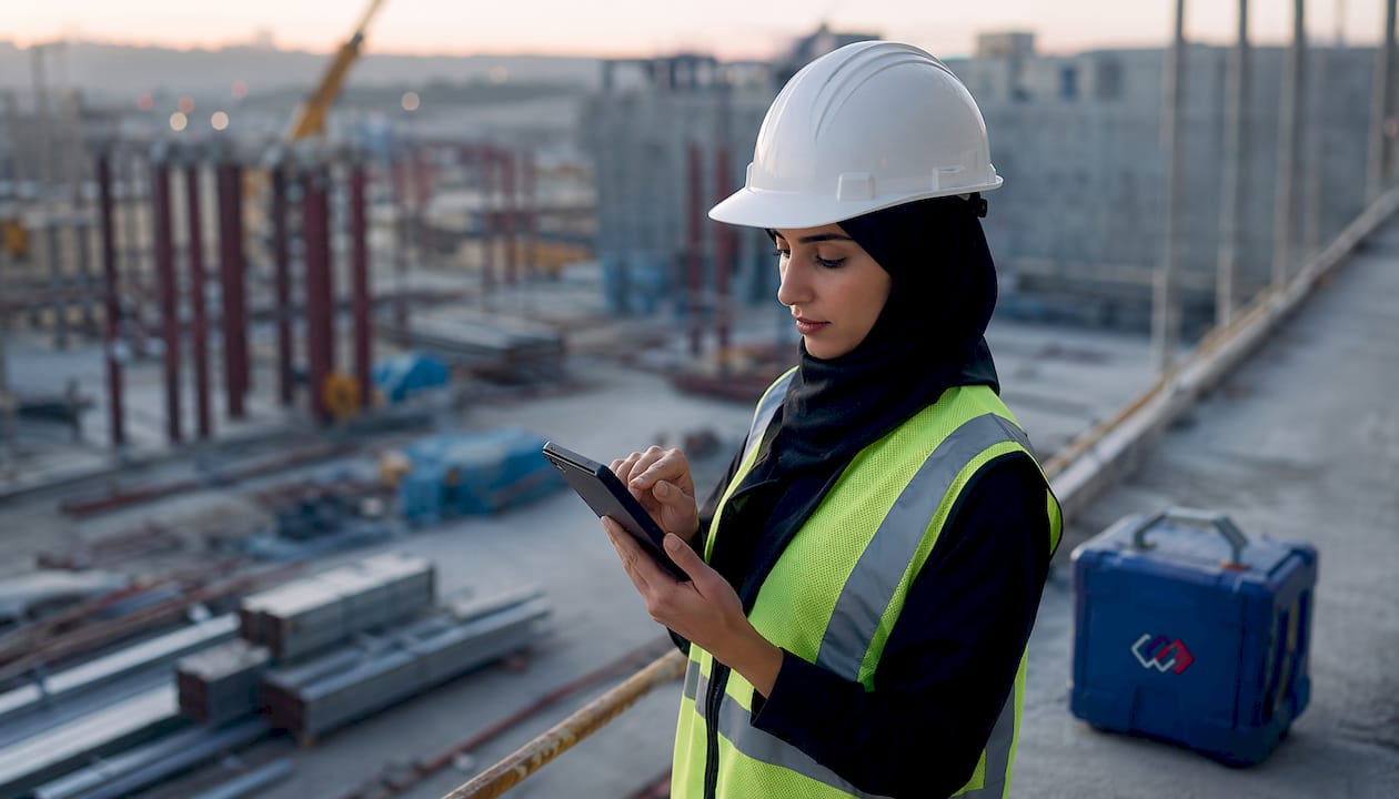 Saudi field engineer using mobile device at logistics hub