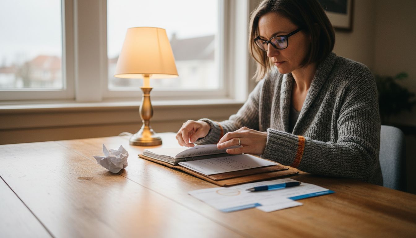 Woman checks travel folder with reservations