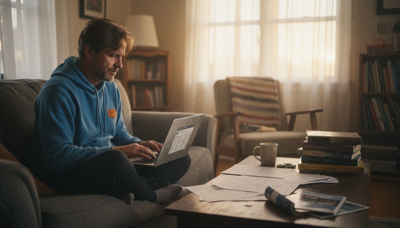 Man searching travel deals in living room