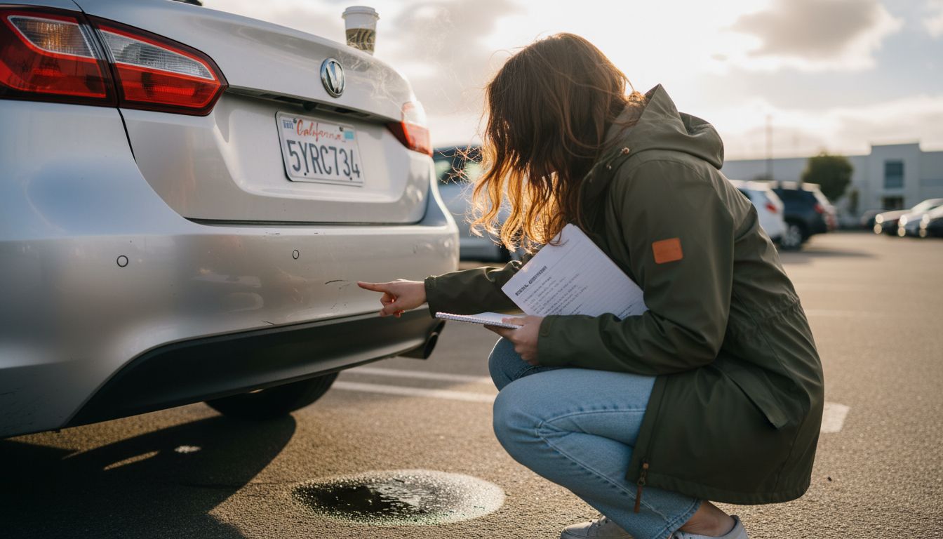 Woman checking damage on rental car