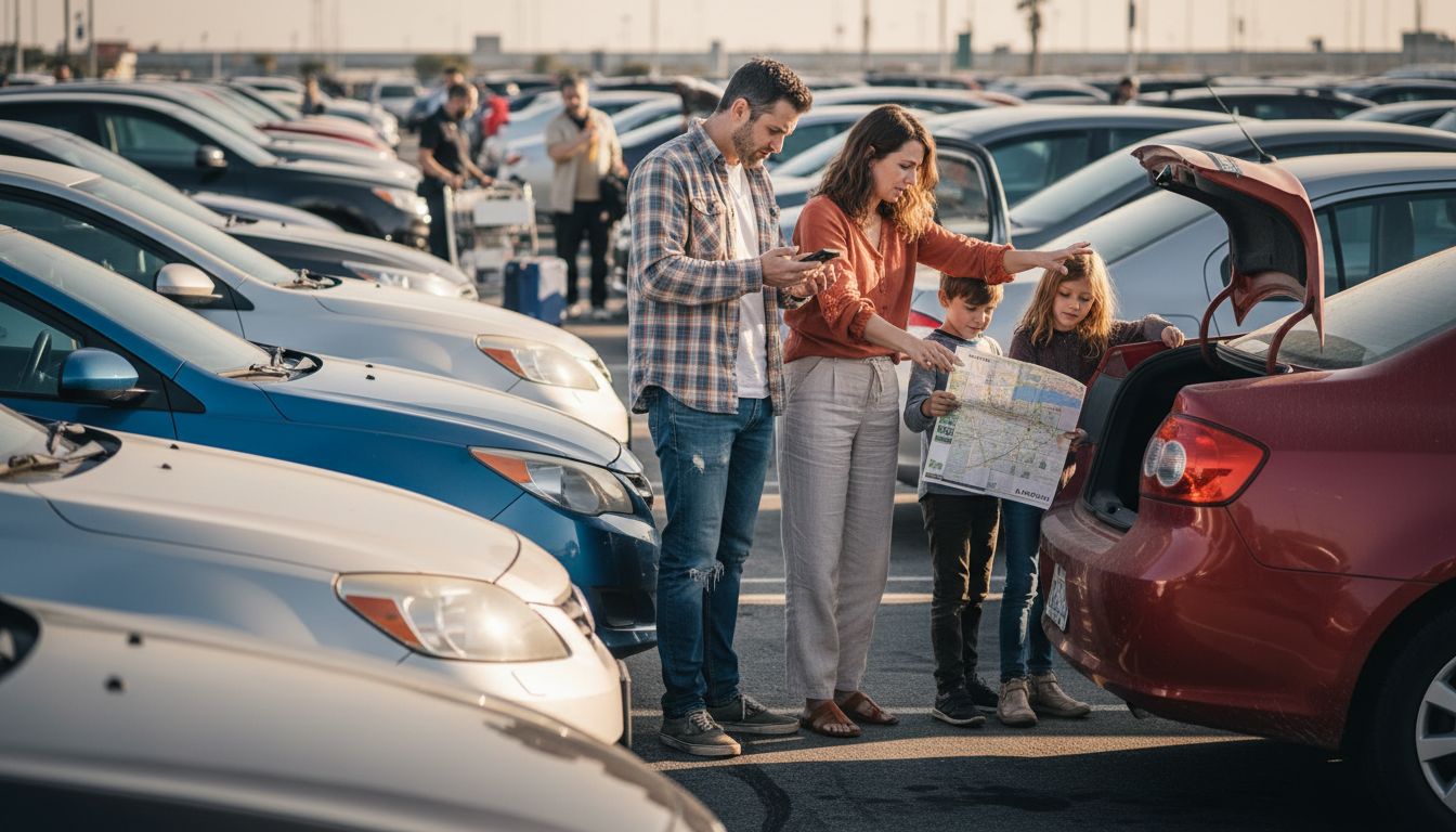 Family evaluating car rental choices