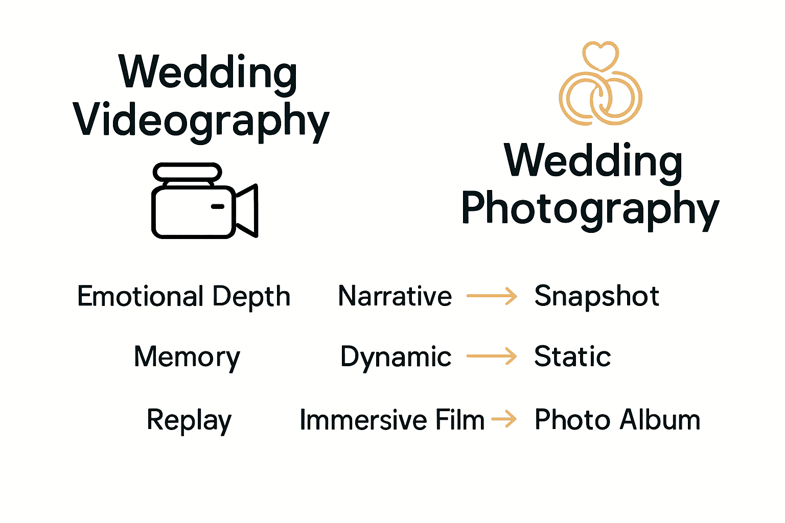 Infographic comparing wedding videography and photography with key points and icons