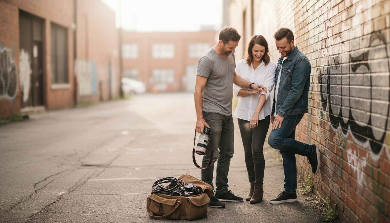 Photographer directing couple in candid pre-wedding pose