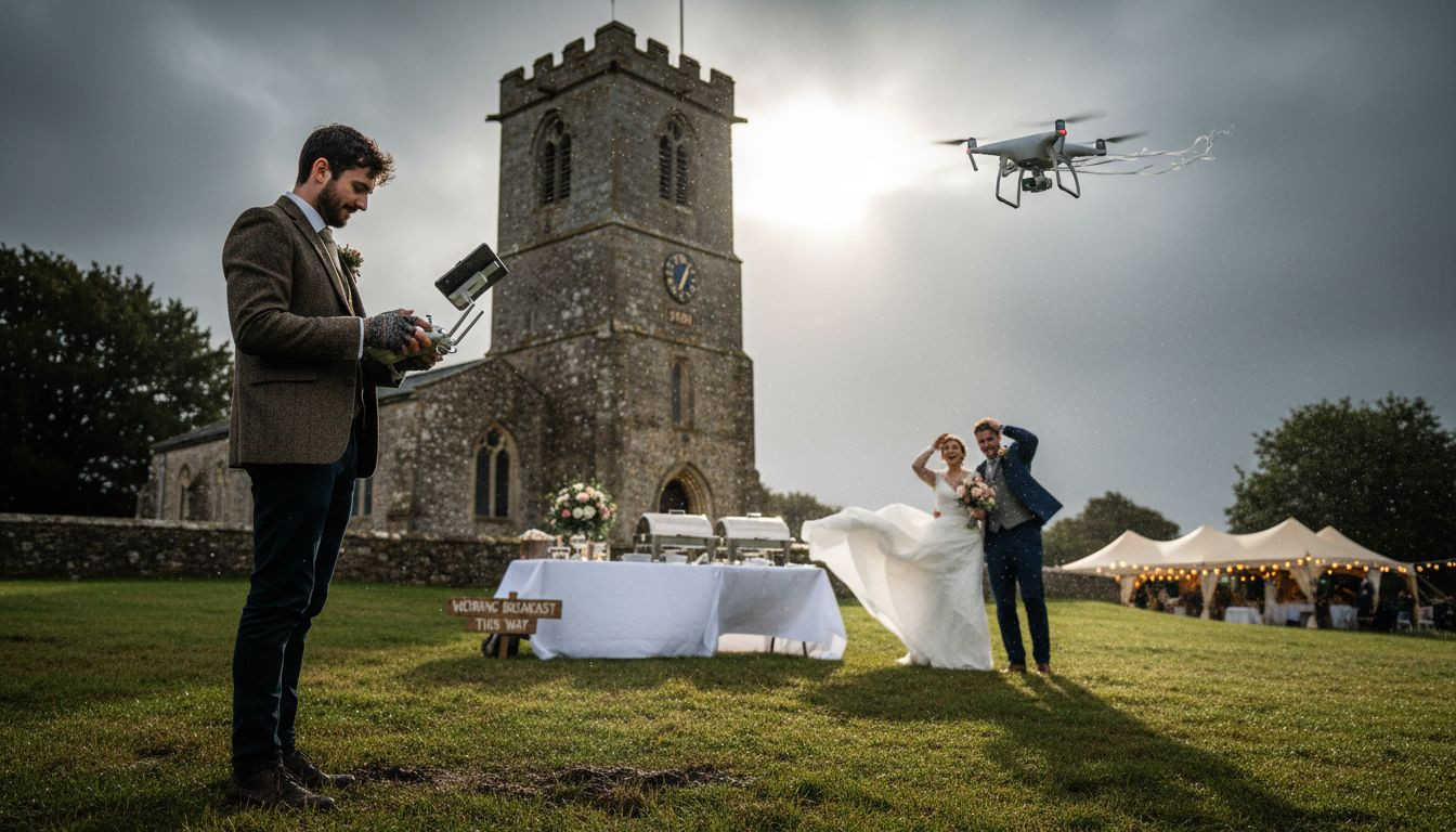Drone operator films wedding at countryside church