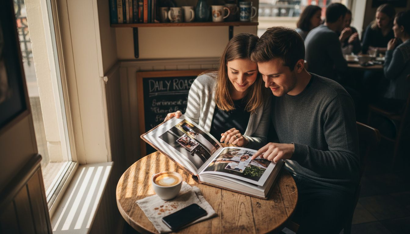 Couple reviewing wedding portfolio with photographer
