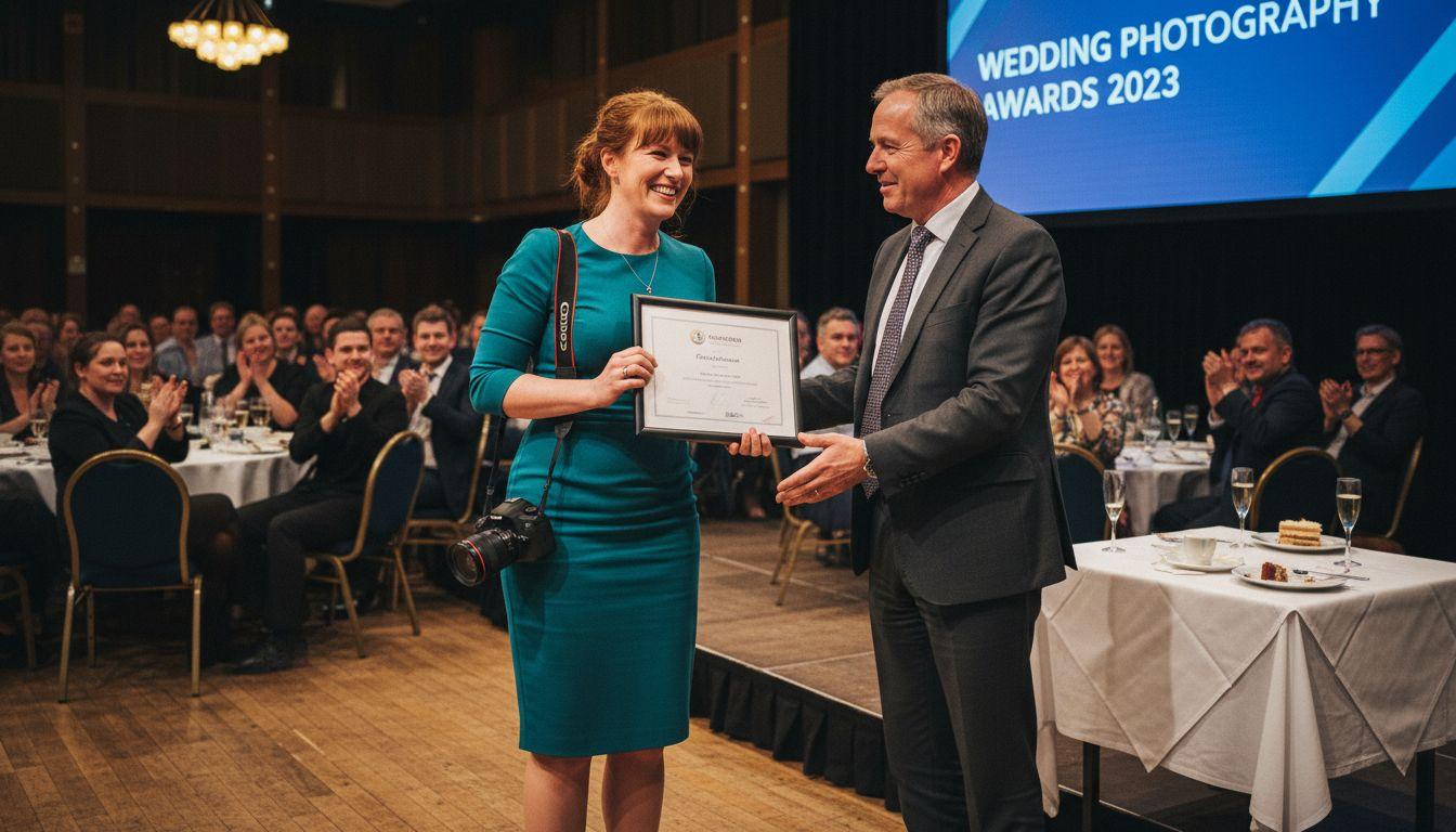 Photographer receiving wedding award at ceremony
