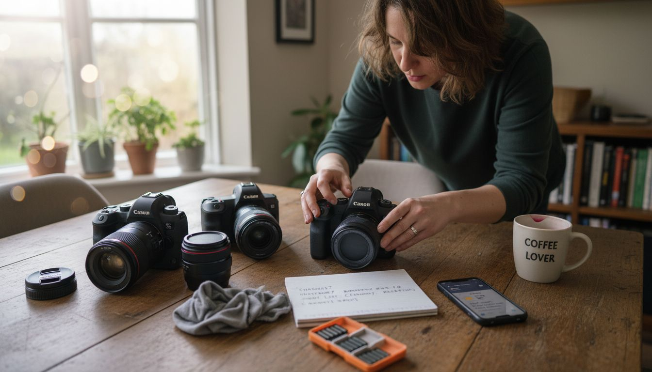 Photographer preparing gear on table