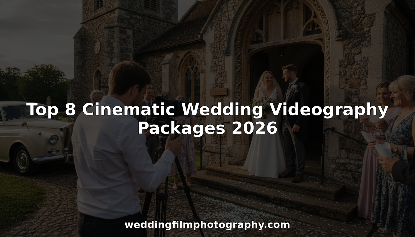 Videographer filming wedding couple at church entrance