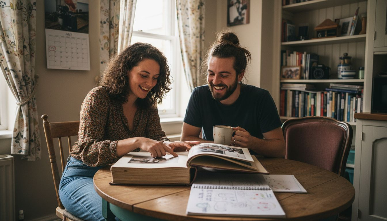 Photographer consulting with wedding couple at table
