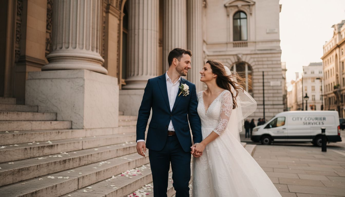 Couple outside city hall wedding venue