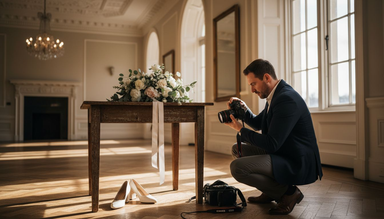 Photographer preparing shoot near arched window