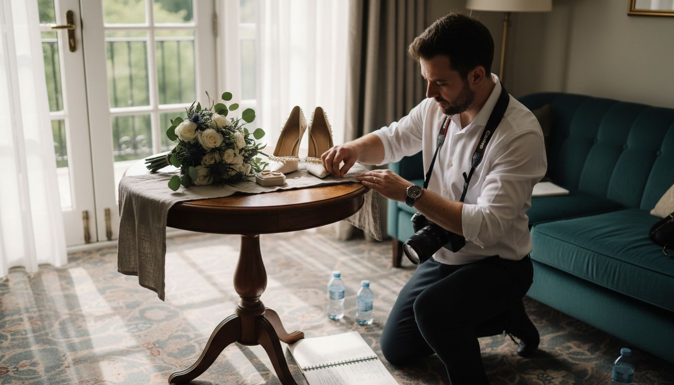 Photographer arranging wedding details on table