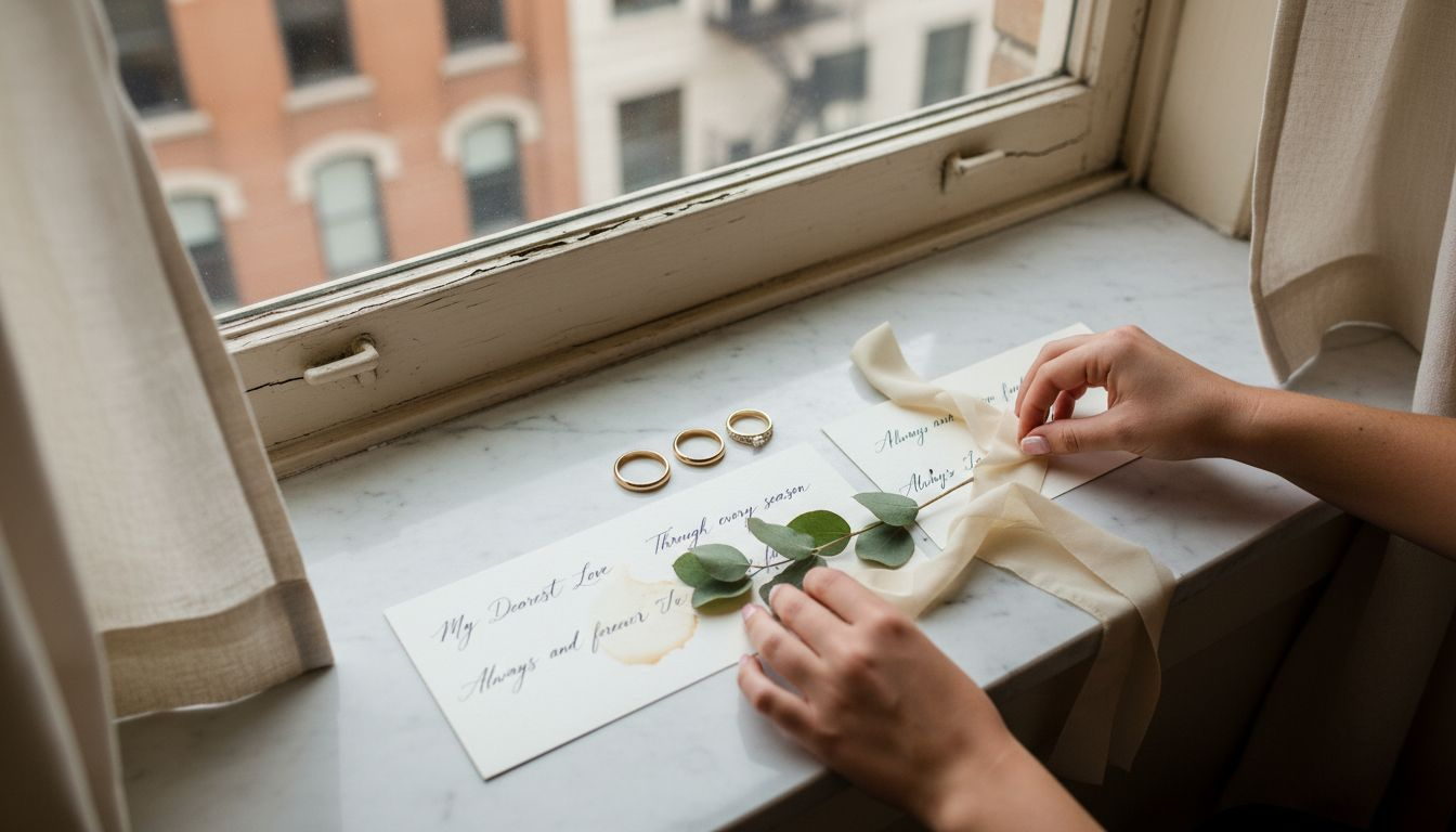 Photographer styling wedding rings and vows