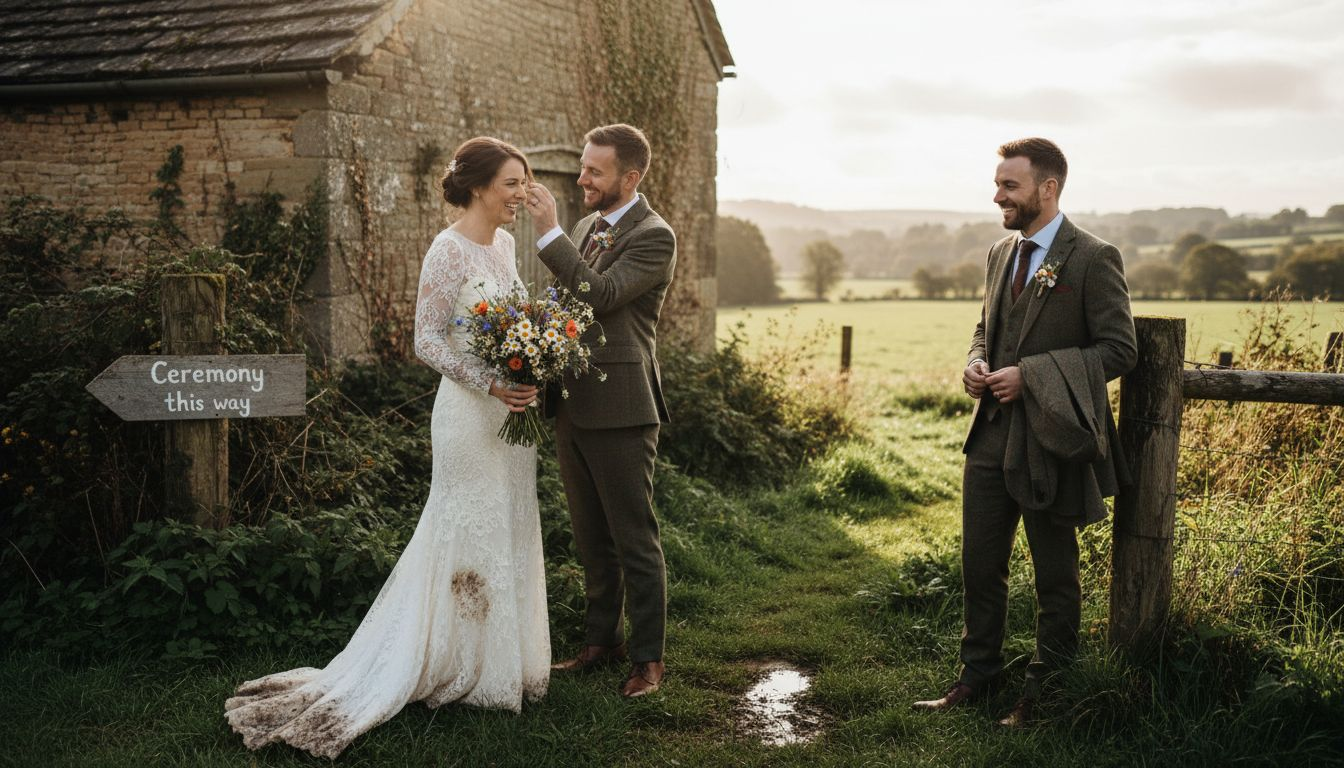 Bride and groom candid beside stone barn