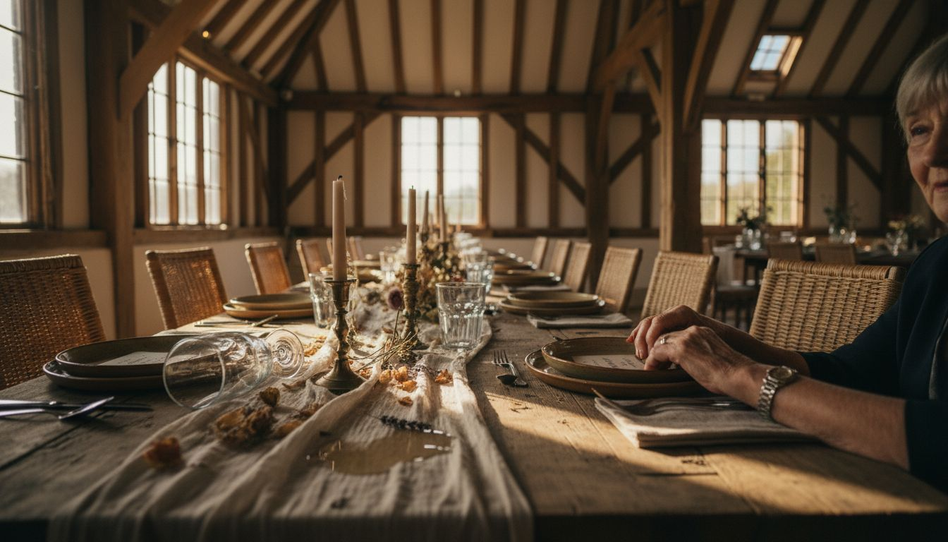Elderly guests holding hands at rustic table