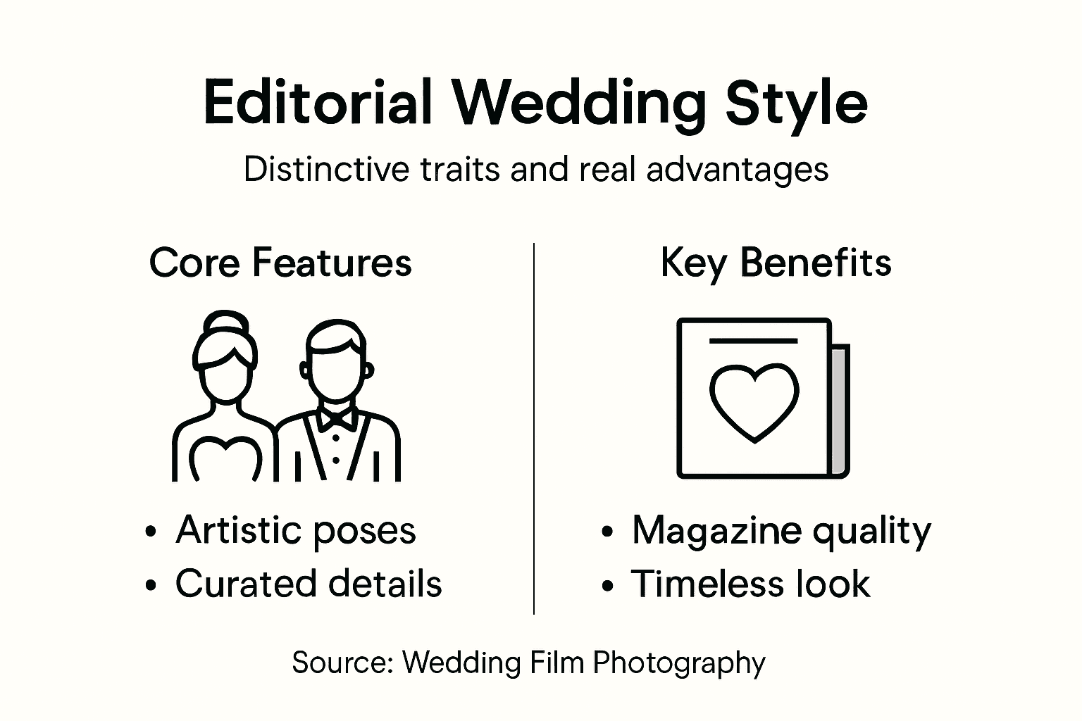 Infographic showing editorial wedding style features and benefits